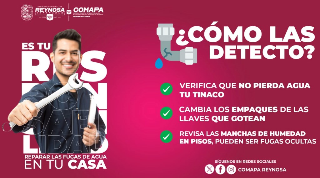COMAPA de Reynosa invita a la ciudadanía a detectar y reparar fugas de agua en el hogar